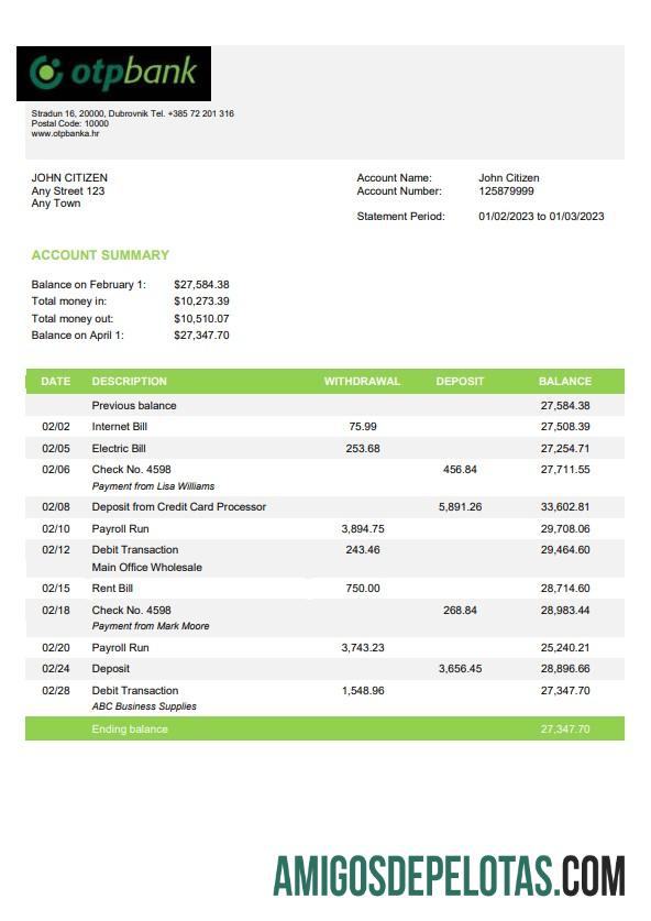 Modelo de extrato bancário OTP da Croácia em branco, formato Word e PDF, versão 2
